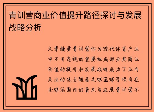 青训营商业价值提升路径探讨与发展战略分析 青训营商业价值提升路径探讨与发展战略分析